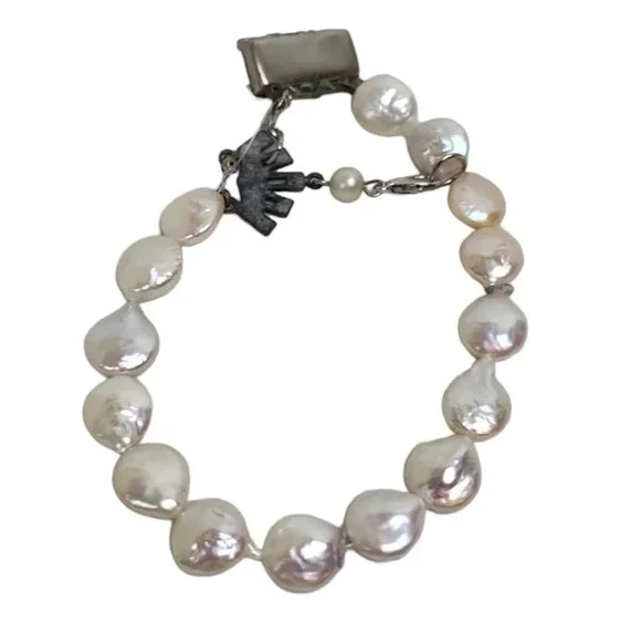 Vintage Clear Crystal Cultured Freshwater Coin Pearl Bracelet - Picture 2 of 2